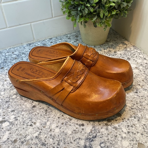 Vintage Shoes - Vintage Connie chunky leather wooden brown clogs 1970’s womens size 10